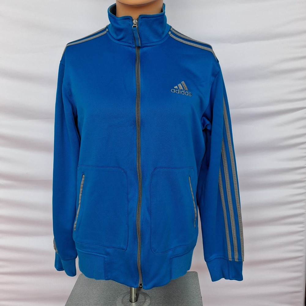Adidas Mens Blue Track Jacket Grey 3-Stripes Full Zip Athletic Sweatshirt